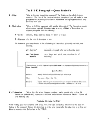 The P. I. E. Paragraph + Quote Sandwich 
P = Point What is the main idea of this paragraph? The Point may be called the topic 
sentence. The Point is the claim or assertion (or opinion) you will make in your 
paragraph and prove to your audience. Remember, each paragraph should only 
have one main idea. 
I = Illustration Where is the Point supported with specific information? The Illustration consists 
of supporting material. Consider using a variety of kinds of illustrations to 
support your point, like the following: 
F = Facts statistics, dates, numbers, things we know to be true 
R = Reasons why the point is important or true 
I = Instances your experiences or that of others you know about personally or from your 
48 
readings. 
E = Experts* statements of people who know about the topic 
D = Descriptive color, shape, size, smell, taste, sound or feel of 
Details something 
*One technique for using Experts in your Illustration is to cite experts by quoting them using a 
Quote Sandwich. 
Quote Sandwich 
Bread #1 Briefly introduce the quote and why you are using it. 
Meat The quote. (Meat = I in PIE) 
Bread #2 Explain what the quote means and how you interpret the details of the quote. 
Consider how the quote supports the Point. (Bread #2 = E in PIE.) 
E = Explanation Where does the writer elaborate, evaluate, and/or explain why or how this 
Illustration, (information), connects to the Point and what this information means? Explain all 
your thinking fully. 
Practicing Revising For Unity 
While writing you may sometime drift away from your topic and include information that does not 
belong in the paragraph. Hence, it is important to revise your paragraphs for unity; that is, to drop any 
ideas or sentences that don’t relate to the POINT. 
 