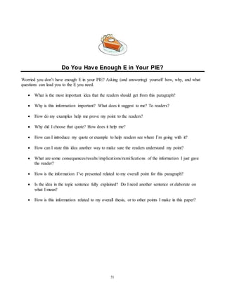 Do You Have Enough E in Your PIE? 
Worried you don’t have enough E in your PIE? Asking (and answering) yourself how, why, and what 
questions can lead you to the E you need. 
 What is the most important idea that the readers should get from this paragraph? 
 Why is this information important? What does it suggest to me? To readers? 
 How do my examples help me prove my point to the readers? 
 Why did I choose that quote? How does it help me? 
 How can I introduce my quote or example to help readers see where I’m going with it? 
 How can I state this idea another way to make sure the readers understand my point? 
 What are some consequences/results/implications/ramifications of the information I just gave 
51 
the reader? 
 How is the information I’ve presented related to my overall point for this paragraph? 
 Is the idea in the topic sentence fully explained? Do I need another sentence ot elaborate on 
what I mean? 
 How is this information related to my overall thesis, or to other points I make in this paper? 
 
