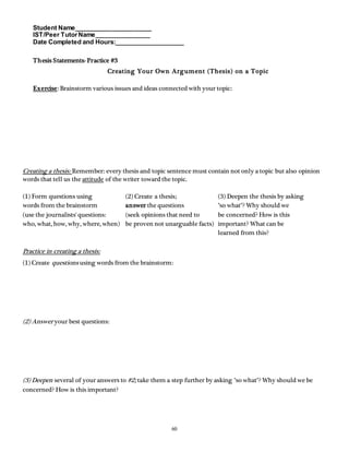 Student Name______________________ 
IST/Peer Tutor Name________________ 
Date Completed and Hours:____________________ 
60 
Thesis Statements- Practice #3 
Creating Your Own Argument (Thesis) on a Topic 
Exercise: Brainstorm various issues and ideas connected with your topic: 
Creating a thesis: Remember: every thesis and topic sentence must contain not only a topic but also opinion 
words that tell us the attitude of the writer toward the topic. 
(1) Form questions using (2) Create a thesis; (3) Deepen the thesis by asking 
words from the brainstorm answer the questions "so what"? Why should we 
(use the journalists' questions: (seek opinions that need to be concerned? How is this 
who, what, how, why, where, when) be proven not unarguable facts) important? What can be 
learned from this? 
Practice in creating a thesis: 
(1) Create questions using words from the brainstorm: 
(2) Answer your best questions: 
(3) Deepen several of your answers to #2; take them a step further by asking "so what"? Why should we be 
concerned? How is this important? 
 