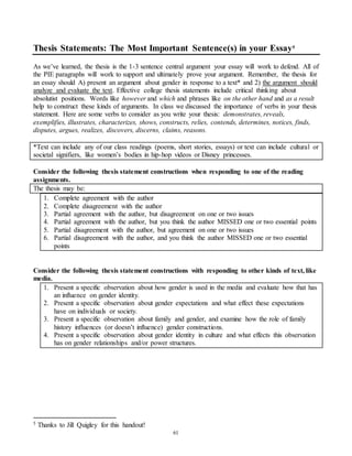 Thesis Statements: The Most Important Sentence(s) in your Essay5 
As we’ve learned, the thesis is the 1-3 sentence central argument your essay will work to defend. All of 
the PIE paragraphs will work to support and ultimately prove your argument. Remember, the thesis for 
an essay should A) present an argument about gender in response to a text* and 2) the argument should 
analyze and evaluate the text. Effective college thesis statements include critical thinking about 
absolutist positions. Words like however and which and phrases like on the other hand and as a result 
help to construct these kinds of arguments. In class we discussed the importance of verbs in your thesis 
statement. Here are some verbs to consider as you write your thesis: demonstrates, reveals, 
exemplifies, illustrates, characterizes, shows, constructs, relies, contends, determines, notices, finds, 
disputes, argues, realizes, discovers, discerns, claims, reasons. 
*Text can include any of our class readings (poems, short stories, essays) or text can include cultural or 
societal signifiers, like women’s bodies in hip-hop videos or Disney princesses. 
Consider the following thesis statement constructions when responding to one of the reading 
assignments. 
The thesis may be: 
1. Complete agreement with the author 
2. Complete disagreement with the author 
3. Partial agreement with the author, but disagreement on one or two issues 
4. Partial agreement with the author, but you think the author MISSED one or two essential points 
5. Partial disagreement with the author, but agreement on one or two issues 
6. Partial disagreement with the author, and you think the author MISSED one or two essential 
61 
points 
Consider the following thesis statement constructions with responding to other kinds of text, like 
media. 
1. Present a specific observation about how gender is used in the media and evaluate how that has 
an influence on gender identity. 
2. Present a specific observation about gender expectations and what effect these expectations 
have on individuals or society. 
3. Present a specific observation about family and gender, and examine how the role of family 
history influences (or doesn’t influence) gender constructions. 
4. Present a specific observation about gender identity in culture and what effects this observation 
has on gender relationships and/or power structures. 
5 Thanks to Jill Quigley for this handout! 
 