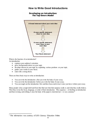 How to Write Good Introductions 
64 
What is the function of an introduction? 
An introduction 
 captures your audience's attention. 
 gives background/context on your topic. 
 develops interest in your topic by explaining various positions on your topic. 
 guides your reader to your thesis. 
 ends with a strong thesis. 
There are three basic ways to write an introduction: 
 You can write the introduction after you write the body of your essay. 
 You can write the introduction before you write the body of your essay. 
 You can rough out the introduction first and then focus and revise it once you have written your essay. 
Many people write a rough draft and from that find out what their purpose really is and what they really believe. 
Then they revise the focus, language, or order of their introduction. This sequence -- of drafting an introduction 
and then revising and refining it once the body of the paper is sketched out -- is very common.* 
* This information was courtesy of LEO: Literacy Education Online 
 