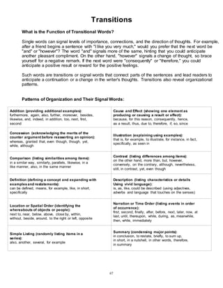 Transitions 
What is the Function of Transitional Words? 
Single words can signal levels of importance, connections, and the direction of thoughts. For example, 
after a friend begins a sentence with "I like you very much," would you prefer that the next word be 
"and" or "however"? The word "and" signals more of the same, hinting that you could anticipate 
another pleasant compliment. On the other hand, "however" signals a change of thought, so brace 
yourself for a negative remark. If the next word were "consequently" or "therefore," you could 
anticipate a positive result or reward for the positive feelings. 
Such words are transitions or signal words that connect parts of the sentences and lead readers to 
anticipate a continuation or a change in the writer's thoughts. Transitions also reveal organizational 
patterns. 
Patterns of Organization and Their Signal Words: 
67 
Addition (providing additional examples): 
furthermore, again, also, further, moreover, besides, 
likewise, and, indeed, in addition, too, next, first, 
second 
Cause and Effect (showing one element as 
producing or causing a result or effect): 
because, for this reason, consequently, hence, 
as a result, thus, due to, therefore, if, so, since 
Concession (acknowledging the merits of the 
counter argument before reasserting an opinion): 
whereas, granted that, even though, though, yet, 
while, although 
Illustration (explaining using examples): 
that is, for example, to illustrate, for instance, in fact, 
specifically, as seen in 
Comparison (listing similarities among items): 
in a similar way, similarly, parallels, likewise, in a 
like manner, also, in the same manner 
Contrast (listing differences among items): 
on the other hand, more than, but, however, 
conversely, on the contrary, although, nevertheless, 
still, in contrast, yet, even though 
Definition (defining a concept and expanding with 
examples and restatements): 
can be defined, means, for example, like, in short, 
specifically 
Description (listing characteristics or details 
Using vivid language): 
is, as, like, could be described (using adjectives, 
adverbs and language that touches on the senses) 
Location or Spatial Order (identifying the 
whereabouts of objects or people): 
next to, near, below, above, close by, within, 
without, beside, around, to the right or left, opposite 
Narration or Time Order (listing events in order 
of occurrence): 
first, second, finally, after, before, next, later, now, at 
last, until, thereupon, while, during, as, meanwhile, 
then, while, immediately 
Simple Listing (randomly listing items in a 
series): 
also, another, several, for example 
Summary (condensing major points): 
in conclusion, to restate, briefly, to sum up, 
in short, in a nutshell, in other words, therefore, 
in summary 
 