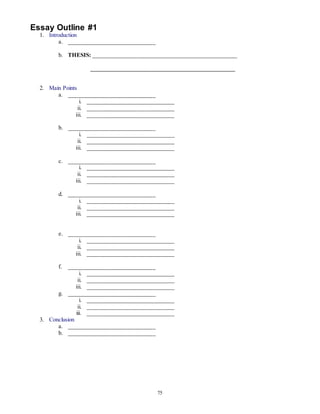 75 
Essay Outline #1 
1. Introduction 
a. ______________________________ 
b. THESIS: __________________________________________________ 
__________________________________________________ 
2. Main Points 
a. ______________________________ 
i. ______________________________ 
ii. ______________________________ 
iii. ______________________________ 
b. ______________________________ 
i. ______________________________ 
ii. ______________________________ 
iii. ______________________________ 
c. ______________________________ 
i. ______________________________ 
ii. ______________________________ 
iii. ______________________________ 
d. ______________________________ 
i. ______________________________ 
ii. ______________________________ 
iii. ______________________________ 
e. ______________________________ 
i. ______________________________ 
ii. ______________________________ 
iii. ______________________________ 
f. ______________________________ 
i. ______________________________ 
ii. ______________________________ 
iii. ______________________________ 
g. ______________________________ 
i. ______________________________ 
ii. ______________________________ 
iii. ______________________________ 
3. Conclusion 
a. ______________________________ 
b. ______________________________ 
 