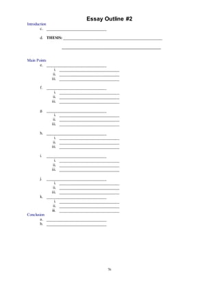 Essay Outline #2 
76 
Introduction 
c. ______________________________ 
d. THESIS: __________________________________________________ 
__________________________________________________ 
Main Points 
e. ______________________________ 
i. ______________________________ 
ii. ______________________________ 
iii. ______________________________ 
f. ______________________________ 
i. ______________________________ 
ii. ______________________________ 
iii. ______________________________ 
g. ______________________________ 
i. ______________________________ 
ii. ______________________________ 
iii. ______________________________ 
h. ______________________________ 
i. ______________________________ 
ii. ______________________________ 
iii. ______________________________ 
i. ______________________________ 
i. ______________________________ 
ii. ______________________________ 
iii. ______________________________ 
j. ______________________________ 
i. ______________________________ 
ii. ______________________________ 
iii. ______________________________ 
k. ______________________________ 
i. ______________________________ 
ii. ______________________________ 
iii. ______________________________ 
Conclusion 
a. ______________________________ 
b. ______________________________ 
 