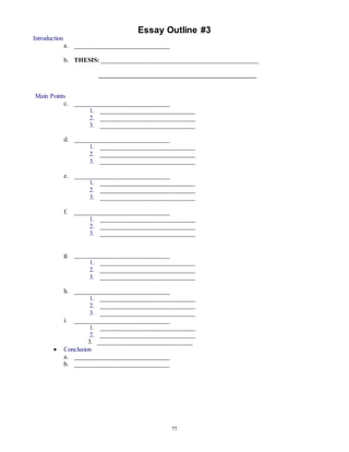 Essay Outline #3 
77 
Introduction 
a. ______________________________ 
b. THESIS: __________________________________________________ 
__________________________________________________ 
Main Points 
c. ______________________________ 
1. ______________________________ 
2. ______________________________ 
3. ______________________________ 
d. ______________________________ 
1. ______________________________ 
2. ______________________________ 
3. ______________________________ 
e. ______________________________ 
1. ______________________________ 
2. ______________________________ 
3. ______________________________ 
f. ______________________________ 
1. ______________________________ 
2. ______________________________ 
3. ______________________________ 
g. ______________________________ 
1. ______________________________ 
2. ______________________________ 
3. ______________________________ 
h. ______________________________ 
1. ______________________________ 
2. ______________________________ 
3. ______________________________ 
i. ______________________________ 
1. ______________________________ 
2. ______________________________ 
3. ______________________________ 
 Conclusion 
a. ______________________________ 
b. ______________________________ 
 