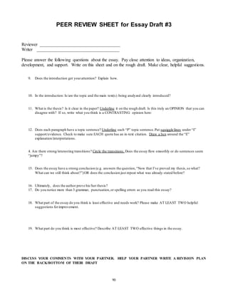 PEER REVIEW SHEET for Essay Draft #3 
Reviewer ____________________________________ 
Writer _____________________________________ 
Please answer the following questions about the essay. Pay close attention to ideas, organization, 
development, and support. Write on this sheet and on the rough draft. Make clear, helpful suggestions. 
9. Does the introduction get your attention? Explain how. 
10. In the introduction: Is/are the topic and the main text(s) being analyzed clearly introduced? 
11. What is the thesis? Is it clear in the paper? Underline it on the rough draft. Is this truly an OPINION that you can 
disagree with? If so, write what you think is a CONTRASTING opinion here: 
12. Does each paragraph have a topic sentence? Underline each “P” topic sentence. Put squiggle lines under “I” 
support/evidence. Check to make sure EACH quote has an in-text citation. Draw a box around the “E” 
explanation/interpretations. 
4. Are there strong/interesting transitions? Circle the transitions. Does the essay flow smoothly or do sentences seem 
“jumpy”? 
15. Does the essay have a strong conclusion (e.g. answers the question, “Now that I’ve proved my thesis, so what? 
What can we still think about?”) OR does the conclusion just repeat what was already stated before? 
16. Ultimately, does the author prove his/her thesis? 
17. Do you notice more than 3 grammar, punctuation, or spelling errors as you read this essay? 
18. What part of the essay do you think is least effective and needs work? Please make AT LEAST TWO helpful 
90 
suggestions for improvement. 
19. What part do you think is most effective? Describe AT LEAST TWO effective things in the essay. 
DISCUSS YOUR COMMENTS WITH YOUR PARTNER. HELP YOUR PARTNER WRITE A REVISION PLAN 
ON THE BACK/BOTTOM OF THEIR DRAFT 
 
