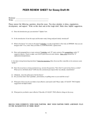 PEER REVIEW SHEET for Essay Draft #4 
Reviewer ____________________________________ 
Writer _____________________________________ 
Please answer the following questions about the essay. Pay close attention to ideas, organization, 
development, and support. Write on this sheet and on the rough draft. Make clear, helpful suggestions. 
13. Does the introduction get your attention? Explain how. 
14. In the introduction: Is/are the topic and the main text(s) being analyzed clearly introduced? 
15. What is the thesis? Is it clear in the paper? Underline it on the rough draft. Is this truly an OPINION that you can 
disagree with? If so, write what you think is a CONTRASTING opinion here: 
16. Does each paragraph have a topic sentence? Underline each “P” topic sentence. Put squiggle lines under “I” 
support/evidence. Check to make sure EACH quote has an in-text citation. Draw a box around the “E” 
explanation/interpretations. 
4. Are there strong/interesting transitions? Circle the transitions. Does the essay flow smoothly or do sentences seem 
“jumpy”? 
20. Does the essay have a strong conclusion (e.g. answers the question, “Now that I’ve proved my thesis, so what? 
What can we still think about?”) OR does the conclusion just repeat what was already stated before? 
21. Ultimately, does the author prove his/her thesis? 
22. Do you notice more than 3 grammar, punctuation, or spelling errors as you read this essay? 
23. What part of the essay do you think is least effective and needs work? Please make AT LEAST TWO helpful 
91 
suggestions for improvement. 
24. What part do you think is most effective? Describe AT LEAST TWO effective things in the essay. 
DISCUSS YOUR COMMENTS WITH YOUR PARTNER. HELP YOUR PARTNER WRITE A REVISION PLAN 
ON THE BACK/BOTTOM OF THEIR DRAFT 
 