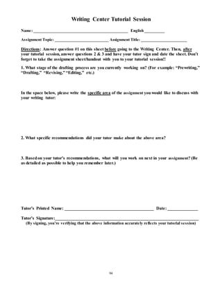 Writing Center Tutorial Session 
Name: _______________________________________________ English __________ 
Assignment Topic: ___________________________ Assignment Title: _______________________ 
Directions: Answer question #1 on this sheet before going to the Writing Center. Then, after 
your tutorial session, answer questions 2 & 3 and have your tutor sign and date the sheet. Don’t 
forget to take the assignment sheet/handout with you to your tutorial session!! 
1. What stage of the drafting process are you currently working on? (For example: “Prewriting,” 
“Drafting,” “Revising,” “Editing,” etc.) 
In the space below, please write the specific area of the assignment you would like to discuss with 
your writing tutor: 
2. What specific recommendations did your tutor make about the above area? 
3. Based on your tutor’s recommendations, what will you work on next in your assignment? (Be 
as detailed as possible to help you remember later.) 
Tutor’s Printed Name: _________________________________________ Date: ______________ 
Tutor’s Signature:__________________________________________________________________ 
(By s igning, you’re ve rifying that the above information accurate ly re fle cts your tutorial s e s s ion) 
94 
 