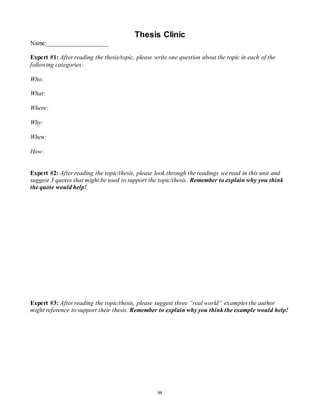 Thesis Clinic 
98 
Name:____________________ 
Expert #1: After reading the thesis/topic, please write one question about the topic in each of the 
following categories: 
Who: 
What: 
Where: 
Why: 
When: 
How: 
Expert #2: After reading the topic/thesis, please look through the readings we read in this unit and 
suggest 3 quotes that might be used to support the topic/thesis. Remember to explain why you think 
the quote would help! 
Expert #3: After reading the topic/thesis, please suggest three “real world” examples the author 
might reference to support their thesis. Remember to explain why you think the example would help! 
 