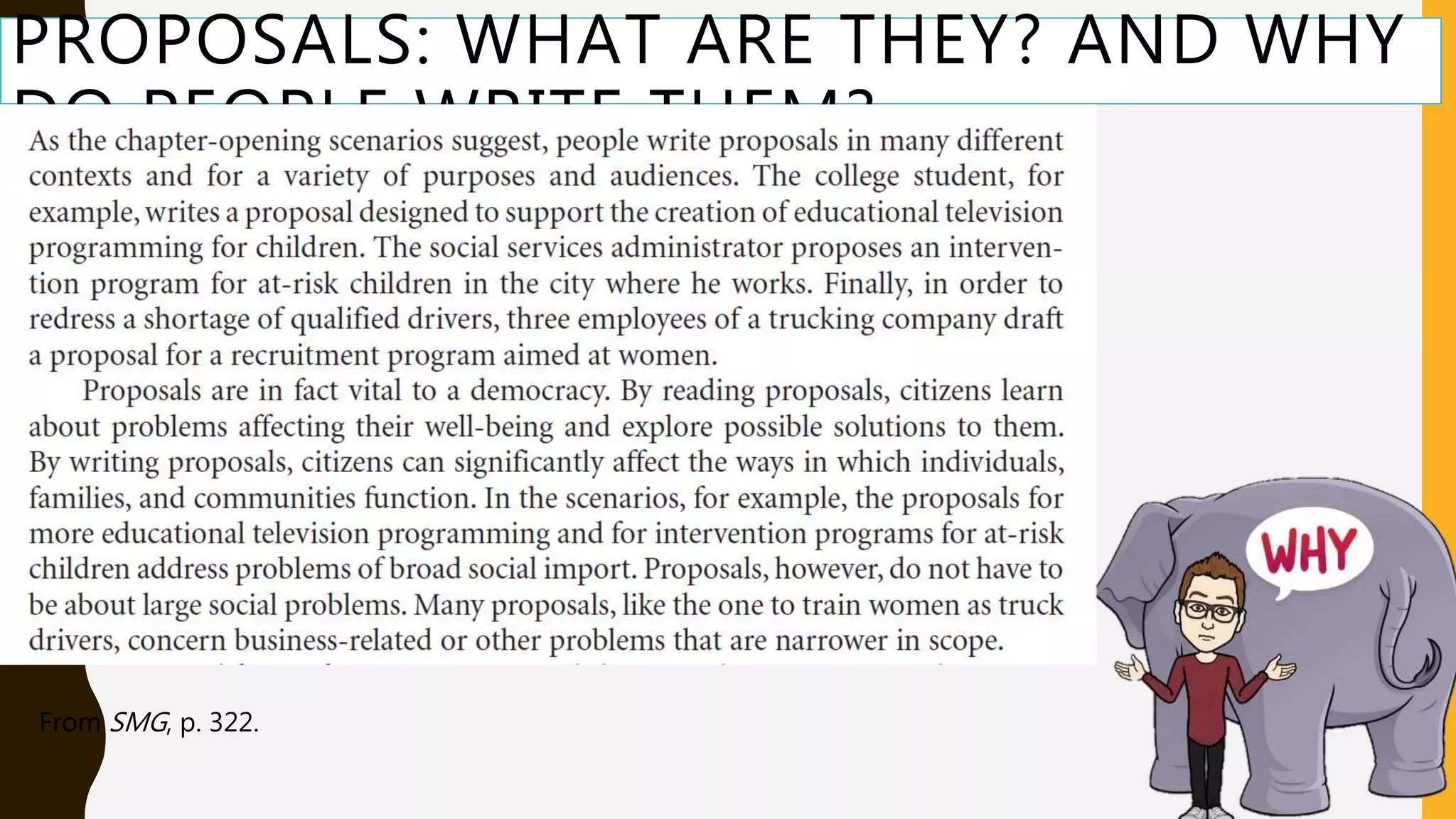 PROPOSALS: WHAT ARE THEY? AND WHY
DO PEOPLE WRITE THEM?
From SMG, p. 322.
 