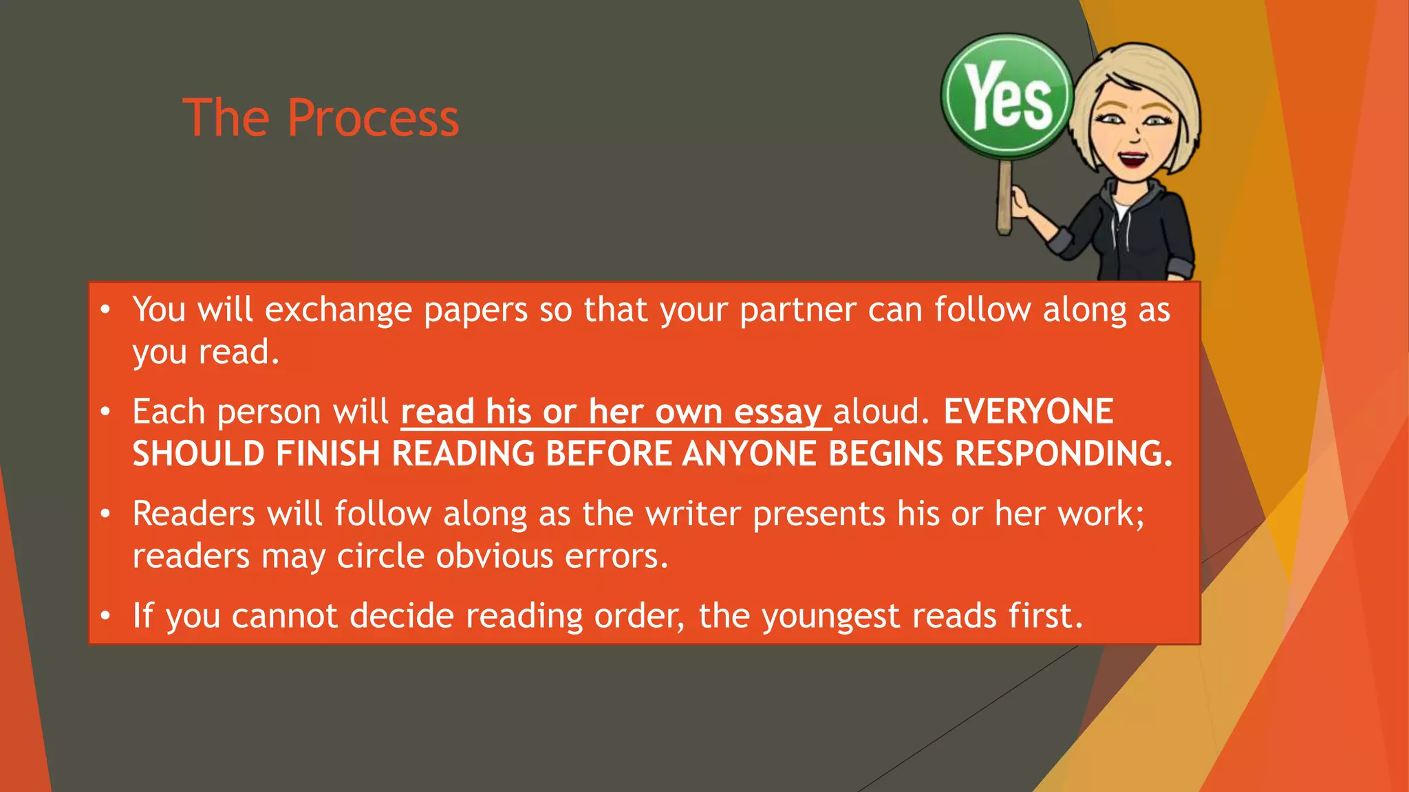 The Process
• You will exchange papers so that your partner can follow along as
you read.
• Each person will read his or her own essay aloud. EVERYONE
SHOULD FINISH READING BEFORE ANYONE BEGINS RESPONDING.
• Readers will follow along as the writer presents his or her work;
readers may circle obvious errors.
• If you cannot decide reading order, the youngest reads first.
 