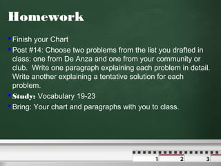 Homework
 Finish your Chart
 Post #14: Choose two problems from the list you drafted in
class: one from De Anza and one from your community or
club. Write one paragraph explaining each problem in detail.
Write another explaining a tentative solution for each
problem.
 Study: Vocabulary 19-23
 Bring: Your chart and paragraphs with you to class.
 