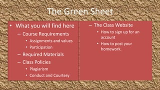 The Green Sheet
• What you will find here        – The Class Website
   – Course Requirements            • How to sign up for an
                                      account
      • Assignments and values
                                    • How to post your
      • Participation                 homework.
   – Required Materials
   – Class Policies
      • Plagiarism
      • Conduct and Courtesy
 