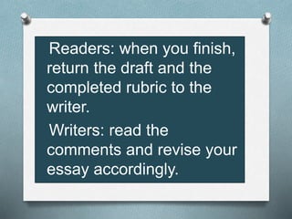 OReaders: when you finish,
return the draft and the
completed rubric to the
writer.
OWriters: read the
comments and revise your
essay accordingly.
 
