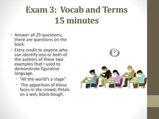 Exam 3: Vocab and Terms
15 minutes
• Answer all 25 questions;
there are questions on the
back.
• Extra credit to anyone who
can identify one or both of
the authors of these two
examples that I used to
demonstrate figurative
language.
• “All the world’s a stage”
• The apparition of these
faces in the crowd; Petals
on a wet, black bough.
 