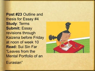 Post #23 Outline and
thesis for Essay #4
Study: Terms
Submit: Essay
revisions through
Kaizena before Friday
at noon of week 10
Read: Sui Sin Far
“Leaves from the
Mental Portfolio of an
Eurasian”
 