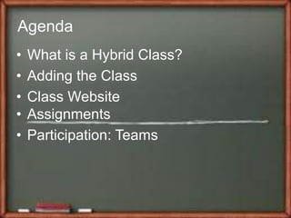 Agenda
• What is a Hybrid Class?
• Adding the Class
• Class Website
• Assignments
• Participation: Teams
 