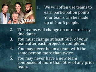 2. The teams will change on or near essay
due dates.
3. You must change at least 50% of your
team after each project is completed.
4. You may never be on a team with the
same person more than twice.
5. You may never have a new team
composed of more than 50% of any prior
team.
1. We will often use teams to
earn participation points.
Your teams can be made
up of 4 or 5 people.
 