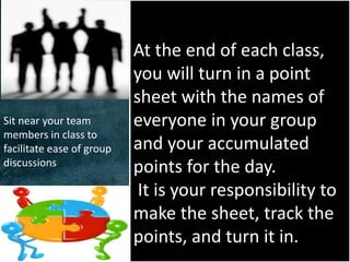 At the end of each class,
you will turn in a point
sheet with the names of
everyone in your group
and your accumulated
points for the day.
It is your responsibility to
make the sheet, track the
points, and turn it in.
Sit near your team
members in class to
facilitate ease of group
discussions
 