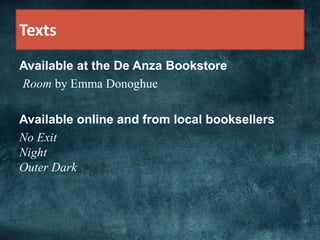 Texts
Available at the De Anza Bookstore
Room by Emma Donoghue
Available online and from local booksellers
No Exit
Night
Outer Dark
 