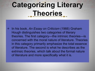 Categorizing Literary
Theories
 In his book, An Essay on Criticism (1966) Graham
Hough distinguishes two categories of literary
theories. The first category—the intrinsic theories—is
concerned with the moral nature of literature. Theories
in this category primarily emphasize the total essence
of literature. The second is what he describes as the
extrinsic theories, which talk about the formal nature
of literature and more specifically what it is.
 