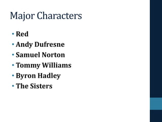 Major Characters
• Red
• Andy Dufresne
• Samuel Norton
• Tommy Williams
• Byron Hadley
• The Sisters
 