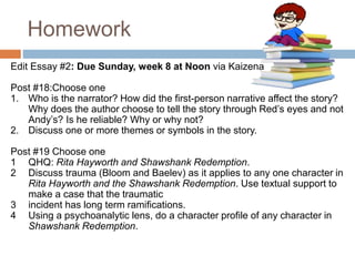 Homework
Edit Essay #2: Due Sunday, week 8 at Noon via Kaizena
Post #18:Choose one
1. Who is the narrator? How did the first-person narrative affect the story?
Why does the author choose to tell the story through Red’s eyes and not
Andy’s? Is he reliable? Why or why not?
2. Discuss one or more themes or symbols in the story.
Post #19 Choose one
1 QHQ: Rita Hayworth and Shawshank Redemption.
2 Discuss trauma (Bloom and Baelev) as it applies to any one character in
Rita Hayworth and the Shawshank Redemption. Use textual support to
make a case that the traumatic
3 incident has long term ramifications.
4 Using a psychoanalytic lens, do a character profile of any character in
Shawshank Redemption.9
 