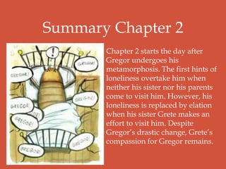 Summary Chapter 2
Chapter 2 starts the day after
Gregor undergoes his
metamorphosis. The first hints of
loneliness overtake him when
neither his sister nor his parents
come to visit him. However, his
loneliness is replaced by elation
when his sister Grete makes an
effort to visit him. Despite
Gregor’s drastic change, Grete’s
compassion for Gregor remains.
 