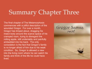 Summary Chapter Three
The final chapter of The Metamorphosis
commences with a pitiful description of the
wounded Gregor. For over a month,
Gregor has limped about, dragging his
insect body around the scarce space of his
cramped room, trying to disregard the
rotting apple, still undeniably and painfully
embedded into his back. The only
consolation is the fact that Gregor’s family
is no longer afraid of him due to his weak
condition. So, Gregor is allowed a view
into the living room where he can watch his
family and think of the life he could have
lived.
 