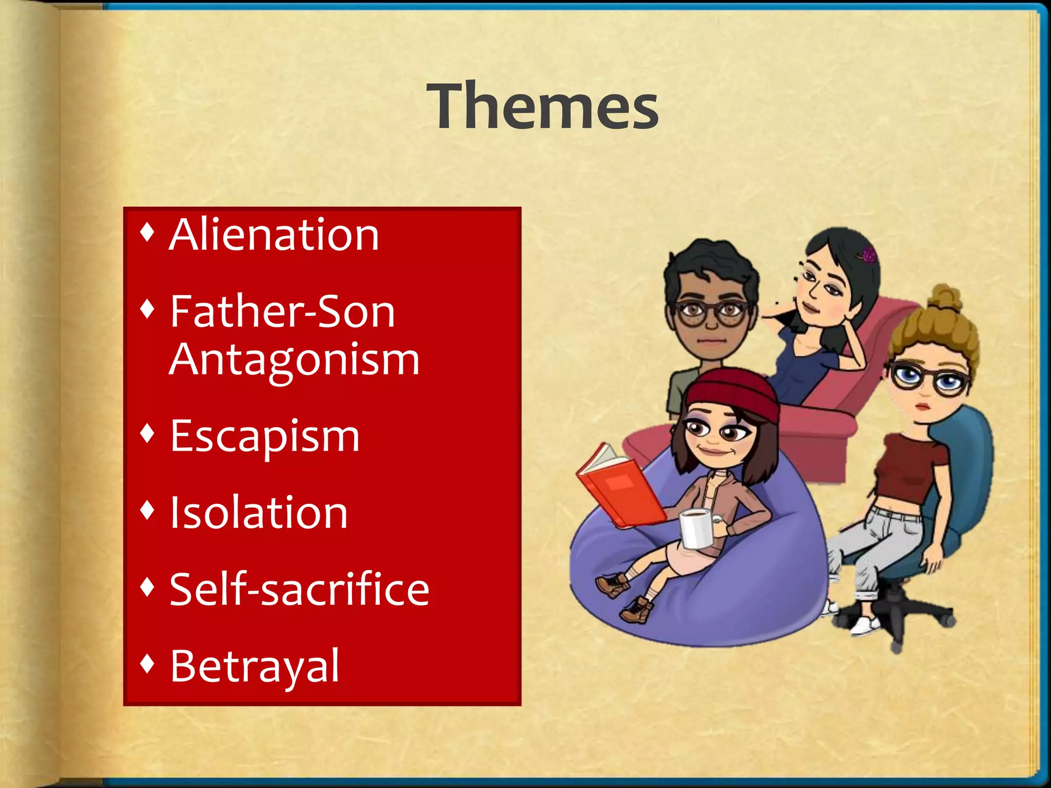 Themes
 Alienation
 Father-Son
Antagonism
 Escapism
 Isolation
 Self-sacrifice
 Betrayal
 