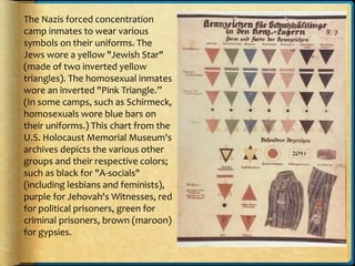 The Nazis forced concentration
camp inmates to wear various
symbols on their uniforms. The
Jews wore a yellow "Jewish Star"
(made of two inverted yellow
triangles). The homosexual inmates
wore an inverted "Pink Triangle.”
(In some camps, such as Schirmeck,
homosexuals wore blue bars on
their uniforms.) This chart from the
U.S. Holocaust Memorial Museum's
archives depicts the various other
groups and their respective colors;
such as black for "A-socials"
(including lesbians and feminists),
purple for Jehovah's Witnesses, red
for political prisoners, green for
criminal prisoners, brown (maroon)
for gypsies.
 