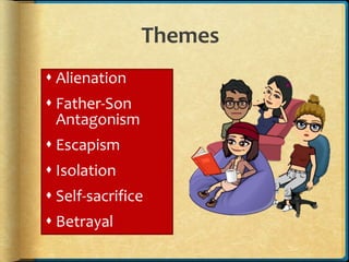 Themes
 Alienation
 Father-Son
Antagonism
 Escapism
 Isolation
 Self-sacrifice
 Betrayal
 