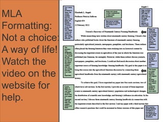 MLA
Formatting:
Not a choice:
A way of life!
Watch the
video on the
website for
help.
 