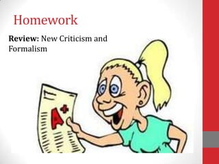 Homework
Review: New Criticism and
Formalism
 