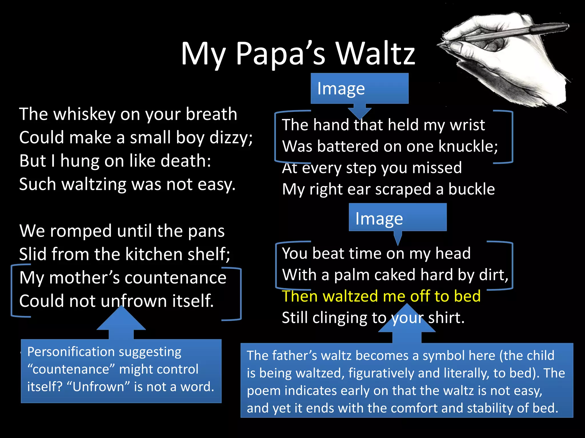 The father’s waltz becomes a symbol here (the child
is being waltzed, figuratively and literally, to bed). The
poem indicates early on that the waltz is not easy,
and yet it ends with the comfort and stability of bed.
The whiskey on your breath
Could make a small boy dizzy;
But I hung on like death:
Such waltzing was not easy.
We romped until the pans
Slid from the kitchen shelf;
My mother’s countenance
Could not unfrown itself.
.
My Papa’s Waltz
The hand that held my wrist
Was battered on one knuckle;
At every step you missed
My right ear scraped a buckle
You beat time on my head
With a palm caked hard by dirt,
Then waltzed me off to bed
Still clinging to your shirt.
Image
Image
Personification suggesting
“countenance” might control
itself? “Unfrown” is not a word.
 