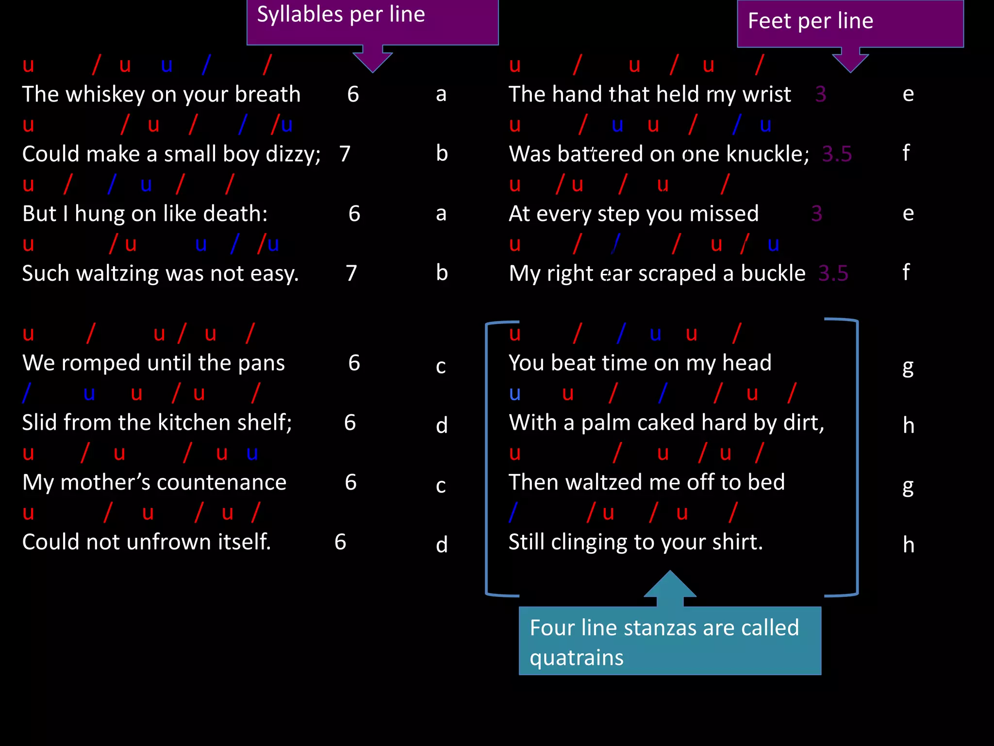 u / u u / /
The whiskey on your breath 6
u / u / / /u
Could make a small boy dizzy; 7
u / / u / /
But I hung on like death: 6
u / u u / /u
Such waltzing was not easy. 7
u / u / u /
We romped until the pans 6
/ u u / u /
Slid from the kitchen shelf; 6
u / u / u u
My mother’s countenance 6
u / u / u /
Could not unfrown itself. 6
u / u / u /
The hand that held my wrist 3
u / u u / / u
Was battered on one knuckle; 3.5
u / u / u /
At every step you missed 3
u / / / u / u
My right ear scraped a buckle 3.5
u / / u u /
You beat time on my head
u u / / / u /
With a palm caked hard by dirt,
u / u / u /
Then waltzed me off to bed
/ / u / u /
Still clinging to your shirt.
a
b
a
b
c
d
c
d
e
f
e
f
g
h
g
h
Four line stanzas are called
quatrains
Feet per lineSyllables per line
 