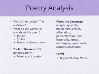Poetry Analysis
• Who is the speaker? The
audience?
• What do the words tell
you about the poem?
• Diction
• Syntax
• Denotation/Connotation
• Tools of the new critic:
paradox, irony,
ambiguity, and tension
• Figurative Language:
images, symbols,
metaphors, similes,
alliteration,
personification, and
hyperbole, litotes,
metonymy, synecdoche,
allusion, oxymoron.
• Form:
• Rhyme, Rhythm, Meter
 