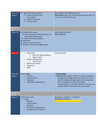 Class	23	
Online	
¨ Read	The	Metamorphosis	
¨ Author	Introduction:	
Franz	Kafka	
¨ Historical	Context	
¨ Literary	Style	
	
	
Read	Kafka’s	The	Metamorphosis	
Post	#20	Answer	one	of	the	questions	from	slides	12,	
13,	or	14	in	200-300	words	
	
Week	9	
6/5	
	 	
Class	24	 × Novella	Discussion:	
× Final	comments:	Rita	Hayworth	and	
Shawshank	Redemption	
× Begin	The	Metamorphosis	
× Questions	
× Themes	and	Characters	
× Potential	Theoretical	Approaches	
	
	
	
Read	Night	First	half	
Post	#21	QHQ	
Class	25	 s Discussion:		
s End:	The	Metamorphosis	
s Begin:	Night	
s Author	Introduction:	
s 	Elie	Wiesel	
s Historical	Context	
s Summary	
s QHQ	
	
	
No	Homework	
Class	26	
Online	
Finish	Night	
s Themes	
s Literary	Style	
s Tensions	
s Theoretical	Approaches	
	
s Finish	Night	
s Post	#22	QHQ	Night:		Focus	on	a	close	reading	of	a	
passage	(or	passages)	that	you	could	use	to	do	a	
critical	reading	through	a	particular	theoretical	
lens.	Consider	New	Critical,	Feminist,	
Psychoanalytic,	or	Trauma	Theories.	You	may	use	
another	theory	with	which	you	are	familiar.		
s 	
	
Week	10	
6/12	
	 	
Class	27	 Finish	Discussion		
Ø Night	
o Themes	
o Literary	Style	
o Tensions	
o Theoretical	Approaches		
o Introduction	to	Essay	#3	
	
	
Read	Room:	Chapter	1	“Presents”	
Post	#23:	QHQ	Room		
We	will	meet	in	the	library	for	class	
	
 