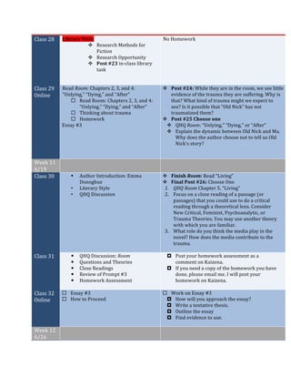 Class	28	 Library	Visit:		
v Research	Methods	for	
Fiction	
v Research	Opportunity	
v Post	#23	in-class	library	
task	
	
	
No	Homework	
Class	29	
Online	
Read	Room:	Chapters	2,	3,	and	4:	
“Unlying,”	“Dying,”	and	“After”	
¨ Read	Room:	Chapters	2,	3,	and	4:	
“Unlying,”	“Dying,”	and	“After”	
¨ Thinking	about	trauma	
¨ Homework	
Essay	#3	
v Post	#24:	While	they	are	in	the	room,	we	see	little	
evidence	of	the	trauma	they	are	suffering.	Why	is	
that?	What	kind	of	trauma	might	we	expect	to	
see?	Is	it	possible	that	“Old	Nick”	has	not	
traumatized	them?	
v Post	#25	Choose	one	
v QHQ	Room:	“Unlying,”	“Dying,”	or	“After”	
v Explain	the	dynamic	between	Old	Nick	and	Ma.	
Why	does	the	author	choose	not	to	tell	us	Old	
Nick’s	story?	
	
	
Week	11	
6/19	
	 	
Class	30	 § Author	Introduction:	Emma	
Donoghue	
• Literary	Style	
• QHQ	Discussion	
v Finish	Room:	Read	“Living”	
v Final	Post	#26:	Choose	One	
1. QHQ	Room	Chapter	5,	“Living”		
2. Focus	on	a	close	reading	of	a	passage	(or	
passages)	that	you	could	use	to	do	a	critical	
reading	through	a	theoretical	lens.	Consider	
New	Critical,	Feminist,	Psychoanalytic,	or	
Trauma	Theories.	You	may	use	another	theory	
with	which	you	are	familiar.	
3. What	role	do	you	think	the	media	play	in	the	
novel?	How	does	the	media	contribute	to	the	
trauma.	
	
Class	31	 — QHQ	Discussion:	Room	
— Questions	and	Theories	
— Close	Readings	
— Review	of	Prompt	#3	
— Homework	Assessment	
	
¤ Post	your	homework	assessment	as	a	
comment	on	Kaizena.		
¤ If	you	need	a	copy	of	the	homework	you	have	
done,	please	email	me.	I	will	post	your	
homework	on	Kaizena.		
Class	32	
Online	
¨ Essay	#3	
¨ How	to	Proceed	
¨ Work	on	Essay	#3	
¤ How	will	you	approach	the	essay?	
¤ Write	a	tentative	thesis.	
¤ Outline	the	essay	
¤ Find	evidence	to	use.	
	
Week	12	
6/26	
	 	
 