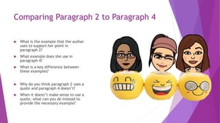 Comparing Paragraph 2 to Paragraph 4
 What is the example that the author
uses to support her point in
paragraph 2?
 What example does she use in
paragraph 4?
 What is a key difference between
these examples?
 Why do you think paragraph 2 uses a
quote and paragraph 4 doesn’t?
 When it doesn’t make sense to use a
quote, what can you do instead to
provide the necessary example?
 