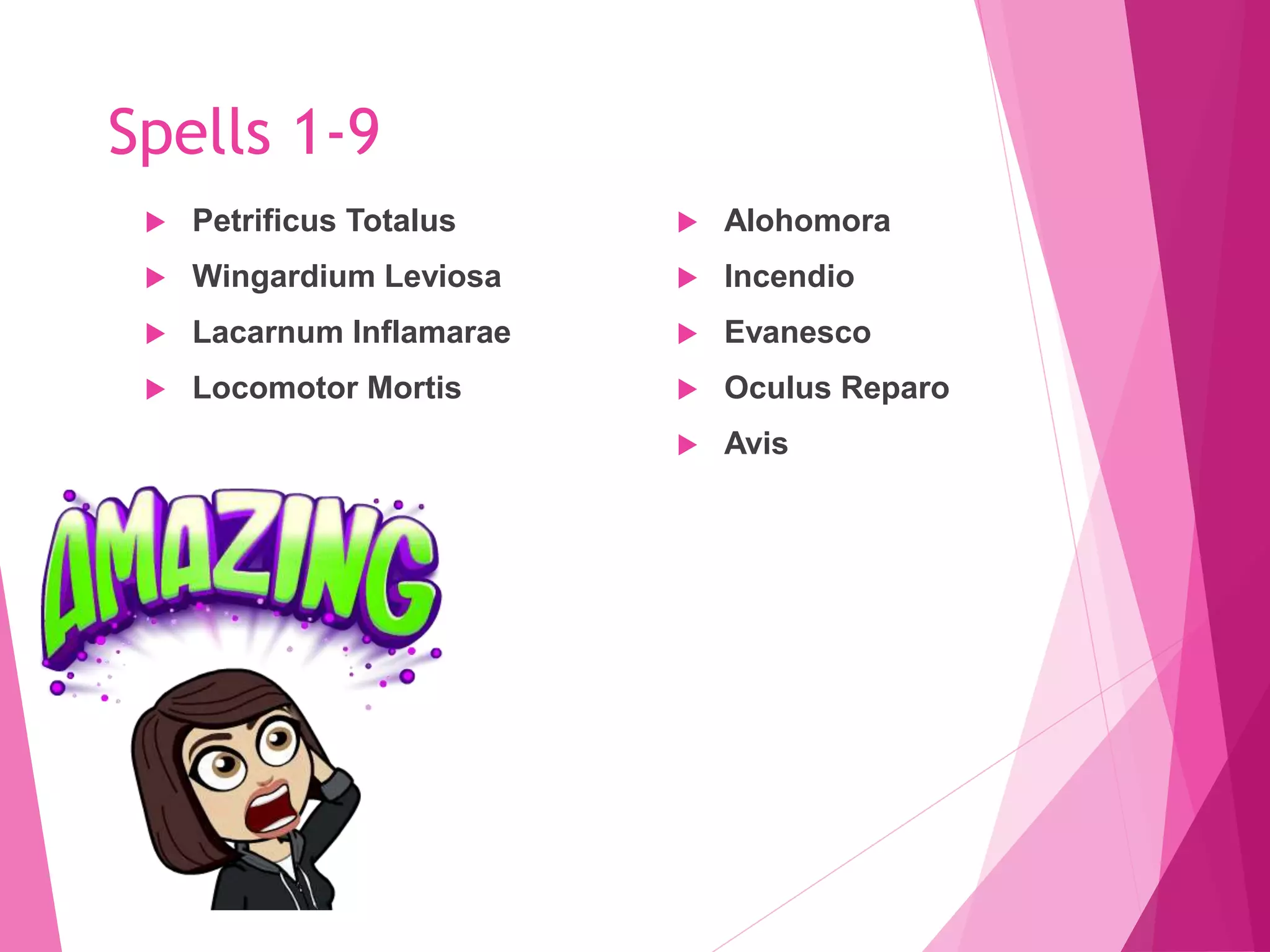 Spells 1-9
 Petrificus Totalus
 Wingardium Leviosa
 Lacarnum Inflamarae
 Locomotor Mortis
 Alohomora
 Incendio
 Evanesco
 Oculus Reparo
 Avis
 