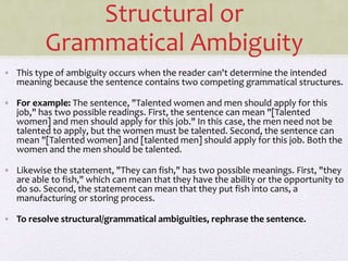 Structural or
Grammatical Ambiguity
• This type of ambiguity occurs when the reader can't determine the intended
meaning because the sentence contains two competing grammatical structures.
• For example: The sentence, "Talented women and men should apply for this
job," has two possible readings. First, the sentence can mean "[Talented
women] and men should apply for this job." In this case, the men need not be
talented to apply, but the women must be talented. Second, the sentence can
mean "[Talented women] and [talented men] should apply for this job. Both the
women and the men should be talented.
• Likewise the statement, "They can fish," has two possible meanings. First, "they
are able to fish," which can mean that they have the ability or the opportunity to
do so. Second, the statement can mean that they put fish into cans, a
manufacturing or storing process.
• To resolve structural/grammatical ambiguities, rephrase the sentence.
 