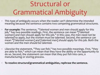 Structural or
Grammatical Ambiguity
• This type of ambiguity occurs when the reader can't determine the intended
meaning because the sentence contains two competing grammatical structures.
• For example: The sentence, "Talented women and men should apply for this
job," has two possible readings. First, the sentence can mean "[Talented
women] and men should apply for this job." In this case, the men need not be
talented to apply, but the women must be talented. Second, the sentence can
mean "[Talented women] and [talented men] should apply for this job. Both the
women and the men should be talented.
• Likewise the statement, "They can fish," has two possible meanings. First, "they
are able to fish," which can mean that they have the ability or the opportunity to
do so. Second, the statement can mean that they put fish into cans, a
manufacturing or storing process.
• To resolve structural/grammatical ambiguities, rephrase the sentence.
 