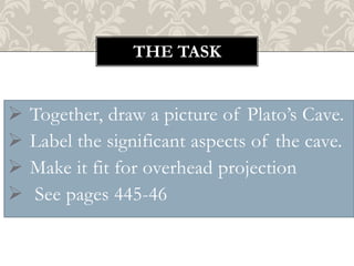 THE TASK






Together, draw a picture of Plato’s Cave.
Label the significant aspects of the cave.
Make it fit for overhead projection
See pages 445-46

 