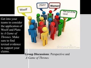 Women!

Get into your
teams to consider
the application of
Woolf and Plato
to A Game of
Thrones. Make
sure to find
textual evidence
to support your
claims.

Group Discussions: Perspective and
A Game of Thrones

 