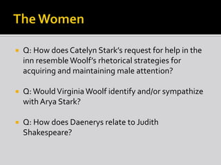 

Q: How does Catelyn Stark’s request for help in the
inn resemble Woolf’s rhetorical strategies for
acquiring and maintaining male attention?



Q: Would Virginia Woolf identify and/or sympathize
with Arya Stark?



Q: How does Daenerys relate to Judith
Shakespeare?

 