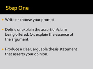  Write or choose your prompt
 Define or explain the assertion/claim
being offered. Or, explain the essence of
the argument.
 Produce a clear, arguable thesis statement
that asserts your opinion.
 