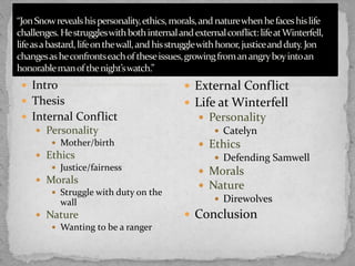  Intro
 Thesis
 Internal Conflict
 Personality
 Mother/birth
 Ethics
 Justice/fairness
 Morals
 Struggle with duty on the
wall
 Nature
 Wanting to be a ranger
 External Conflict
 Life at Winterfell
 Personality
 Catelyn
 Ethics
 Defending Samwell
 Morals
 Nature
 Direwolves
 Conclusion
 