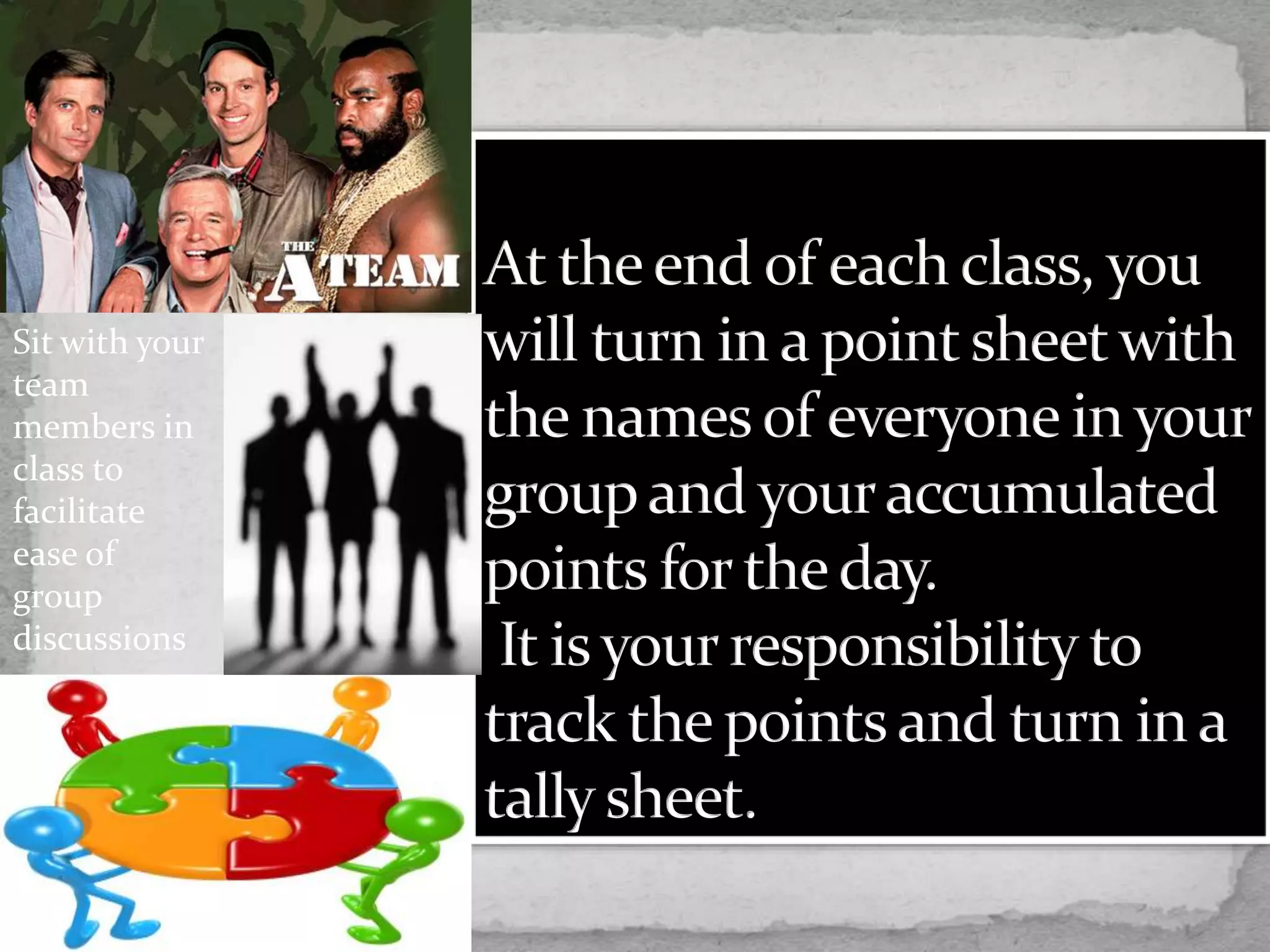 Sit with your
team
members in
class to
facilitate
ease of
group
discussions
 