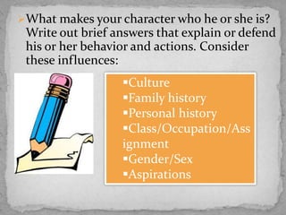 What makes your character who he or she is?

Write out brief answers that explain or defend
his or her behavior and actions. Consider
these influences:

Culture
Family history
Personal history
Class/Occupation/Ass
ignment
Gender/Sex
Aspirations

 